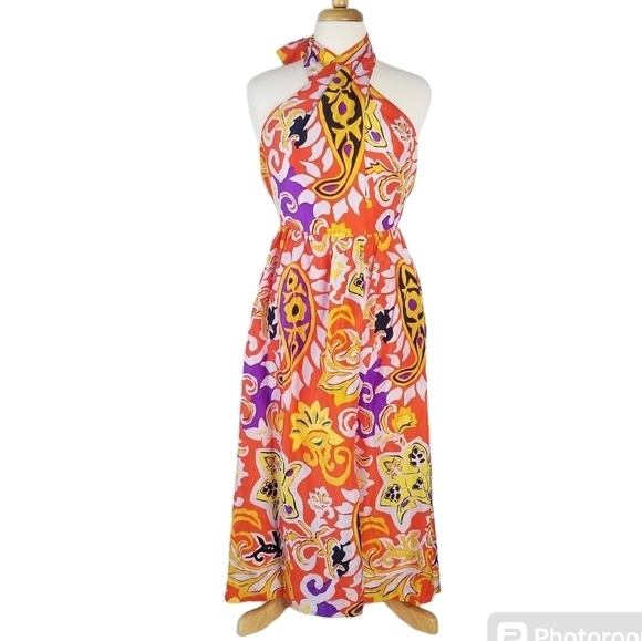 J Crew 100% Silk Sarong Halter Maxi Dress Orange Painted Paisley Size 4 Pleated - Picture 1 of 16